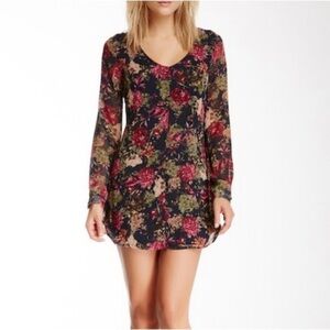 ASTR Floral Mini Dress Long Sleeve Navy Blue Pink Small